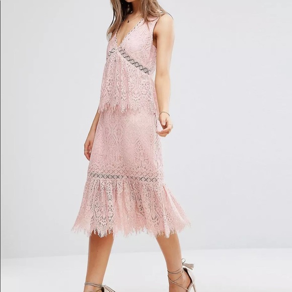 Foxiedox V Neck Lace Ruffle Midi Dress - Pink - Picture 4 of 6